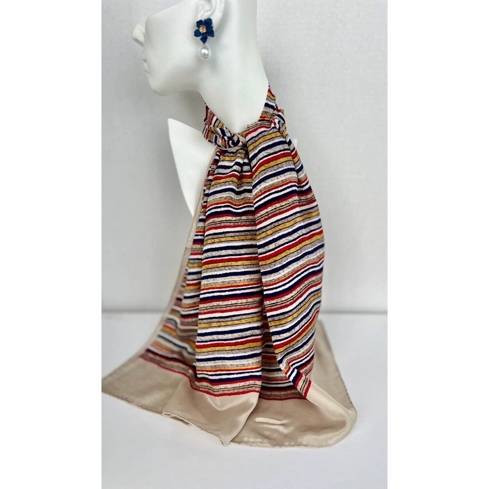 Vintage ECHO Silk Scarf 15"W x 46"L Navy Red Taupe Yellow Gold Horizontal Stripe
